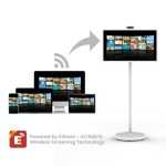 An infographic demonstrating the wireless screen sharing capability of the SwoshBuD 32-inch touchscreen.